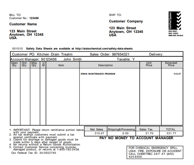  Image of a State Chemical invoice. The invoice includes: the customer's name and address, the customer's shipping address, the name of the State Chemical account manager, the  net sales price, the sales tax, and the total sales price.